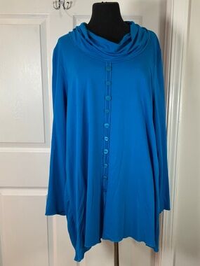 Pure Essence Peacock Blue Cowl Neck Button Front Long Sleeve Tunic Top Size 1X